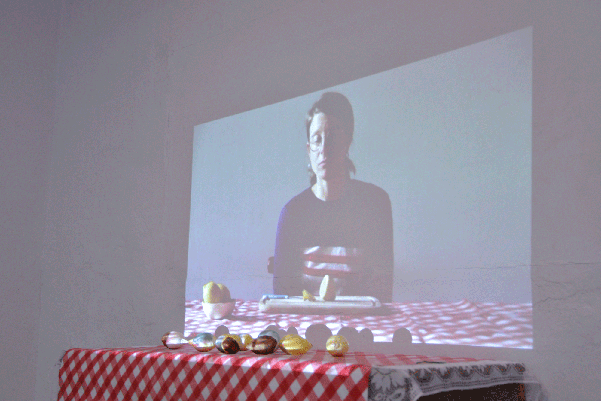 exhibition view, video and ceramic lemons by Angelina Seibert